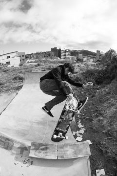 Derek de Souza performing an airwalk to fakie at Newtown D.I.Y. skate park in Wellington, New Zealand.