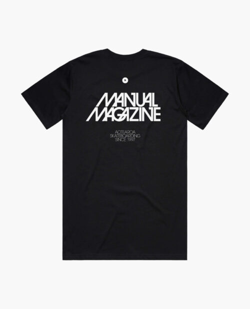 A product photo of the Manual Avant Garde t-shirt in black. Showing the back print.