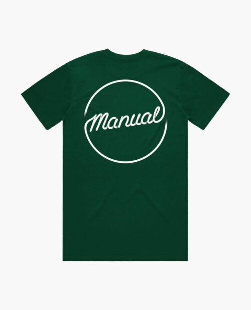 A product photo of the Manual Diner t-shirt in emerald green. Showing the back print.