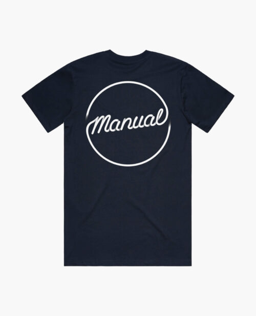 A product photo of the Manual Diner t-shirt in navy. Showing the back print.