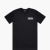 A product photo of the Manual Staying Put t-shirt in black. Showing the front print.