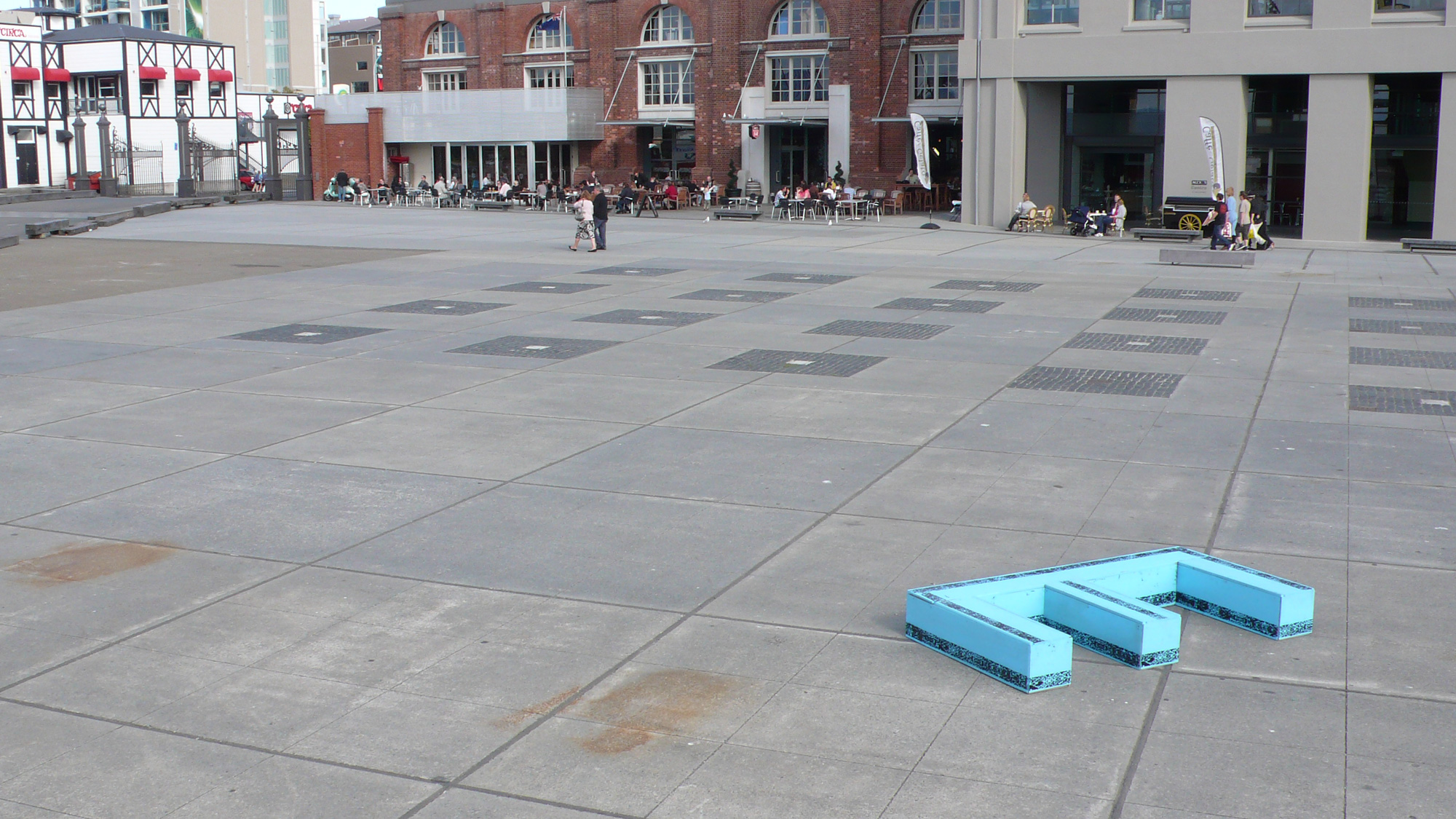 An E-shaped skateboard obstacle at Wellington's Odlins Plaza (AKA The Brewery).