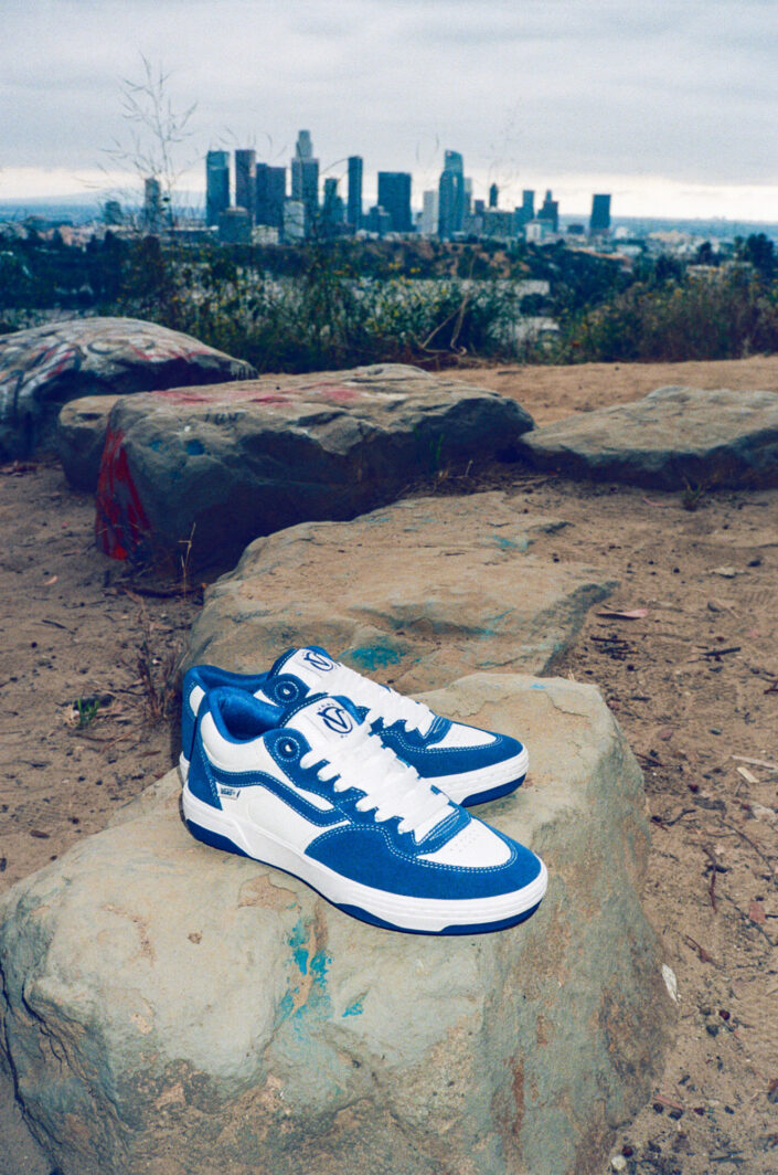 The new Vans Rowan 2 shoe positioned on a rock with the city of LA in the background.