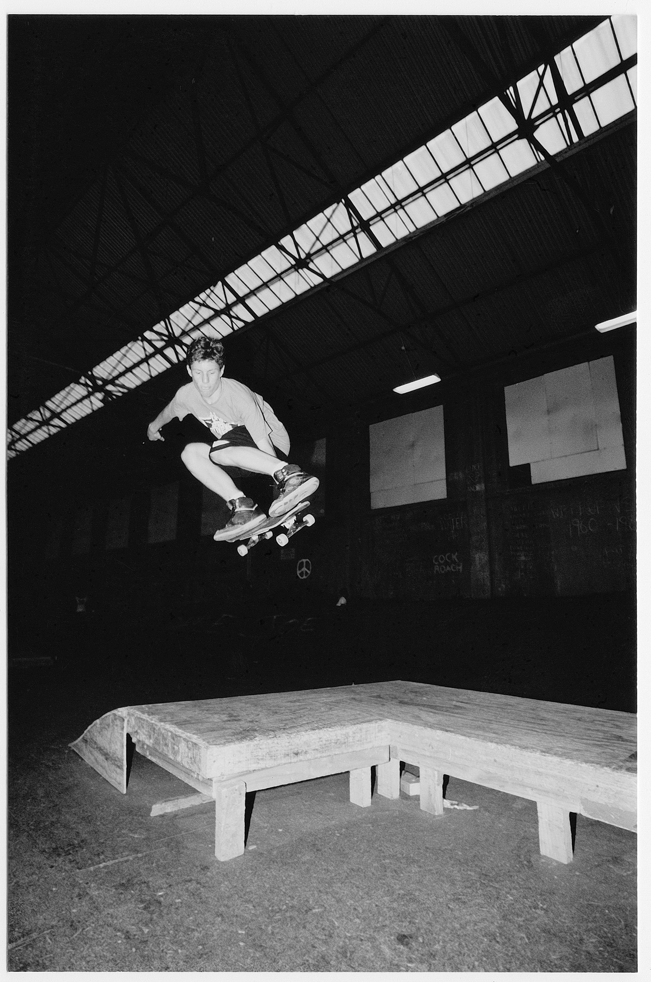 Chris Scott performing a ollie melon at The Skate Pit in Wellington, 1990.