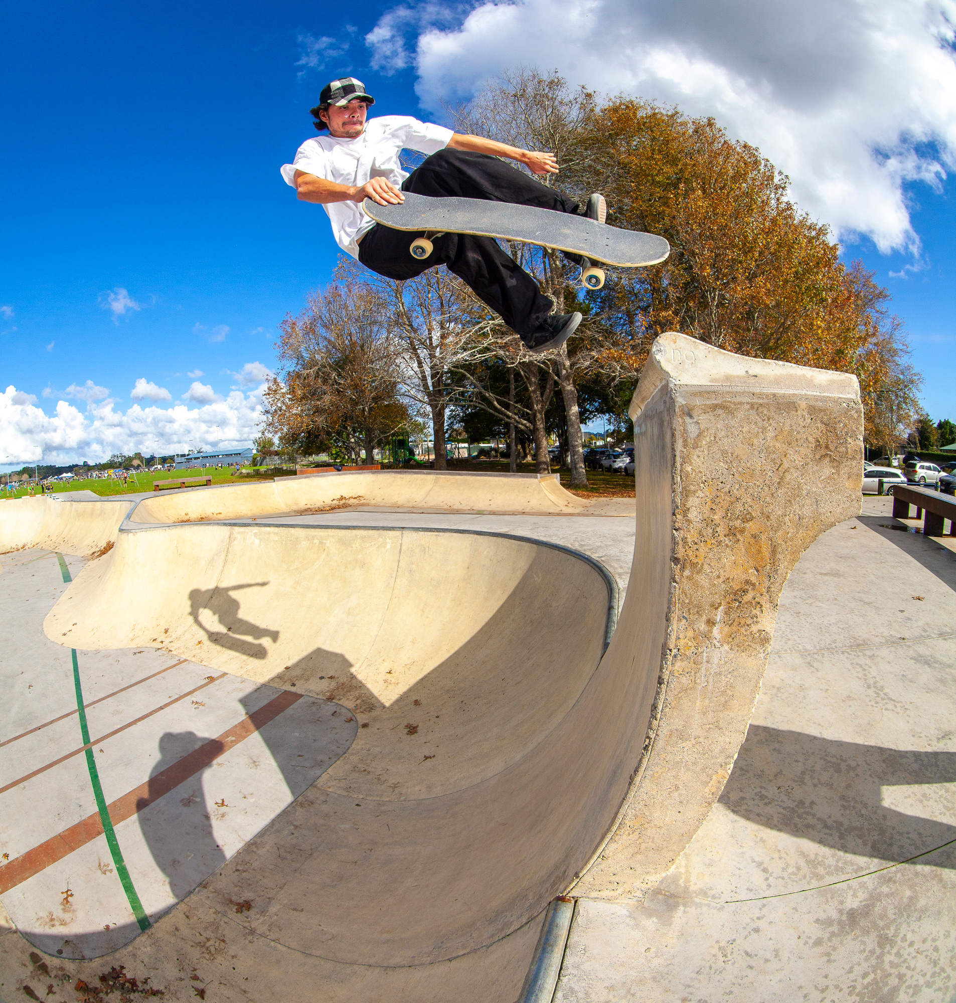 Dereck De Souza performing a Sal flip lien to tail on the extension of Tuakau bowl in South Auckland. Photo by David Read.