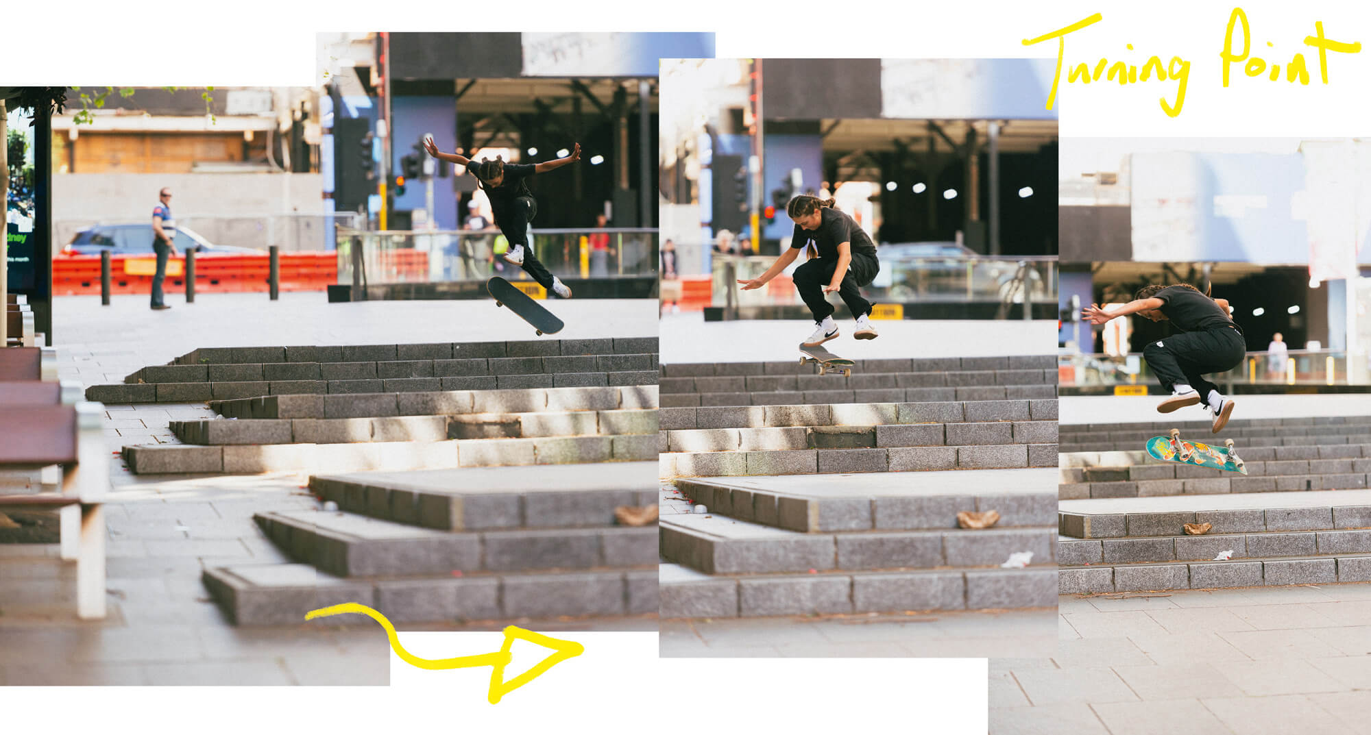 A Hockney-style photo-collage of Jessica Ready doing three tricks in a line — a 360 flip, kickflip, and a backside flip. Martin Place, Sydney. Photos by Bryce Golder.