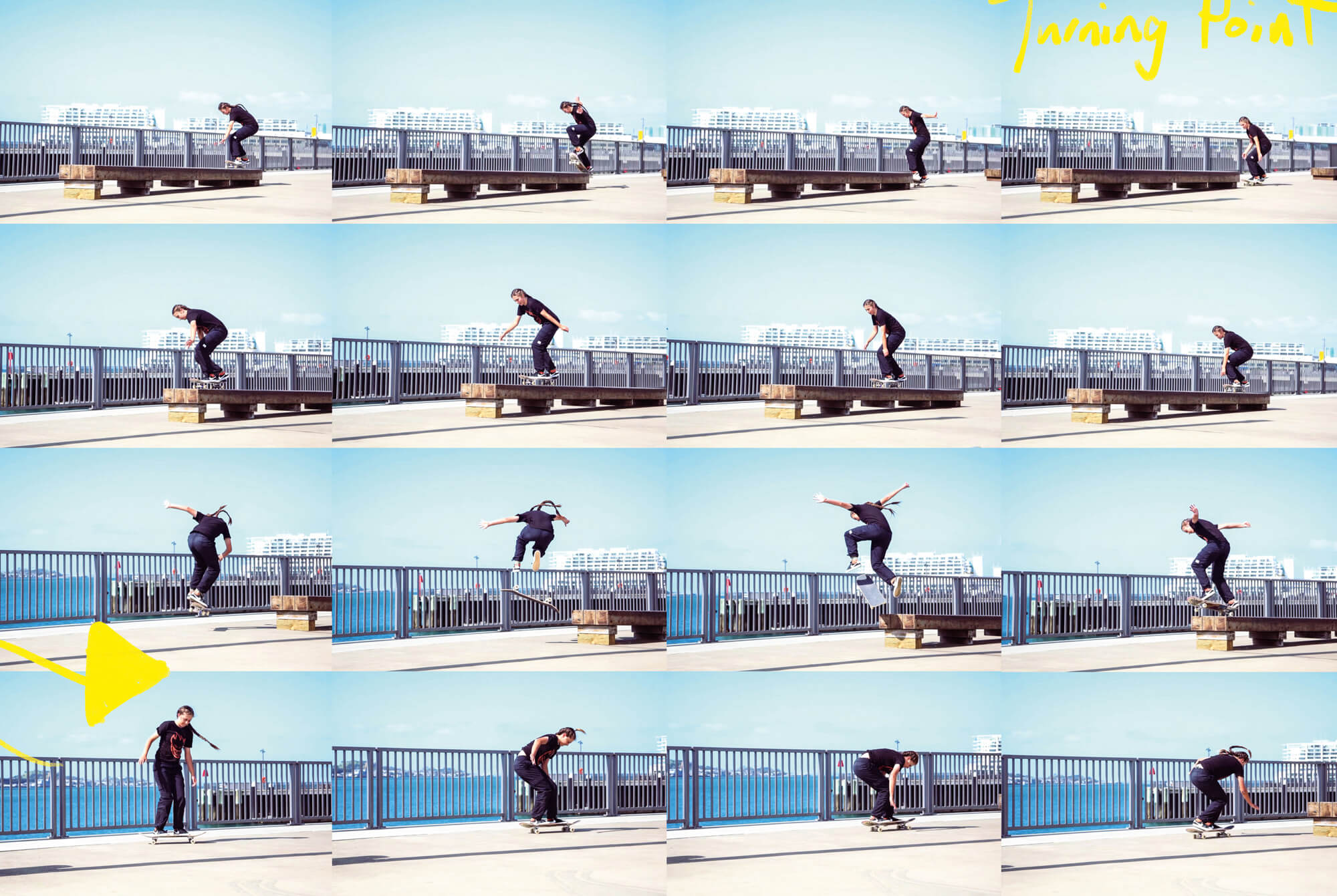 Jessica Ready performing an ollie up to backside bigspin flip off on a ledge at Auckland's waterfront. Photos by Connor Hill.