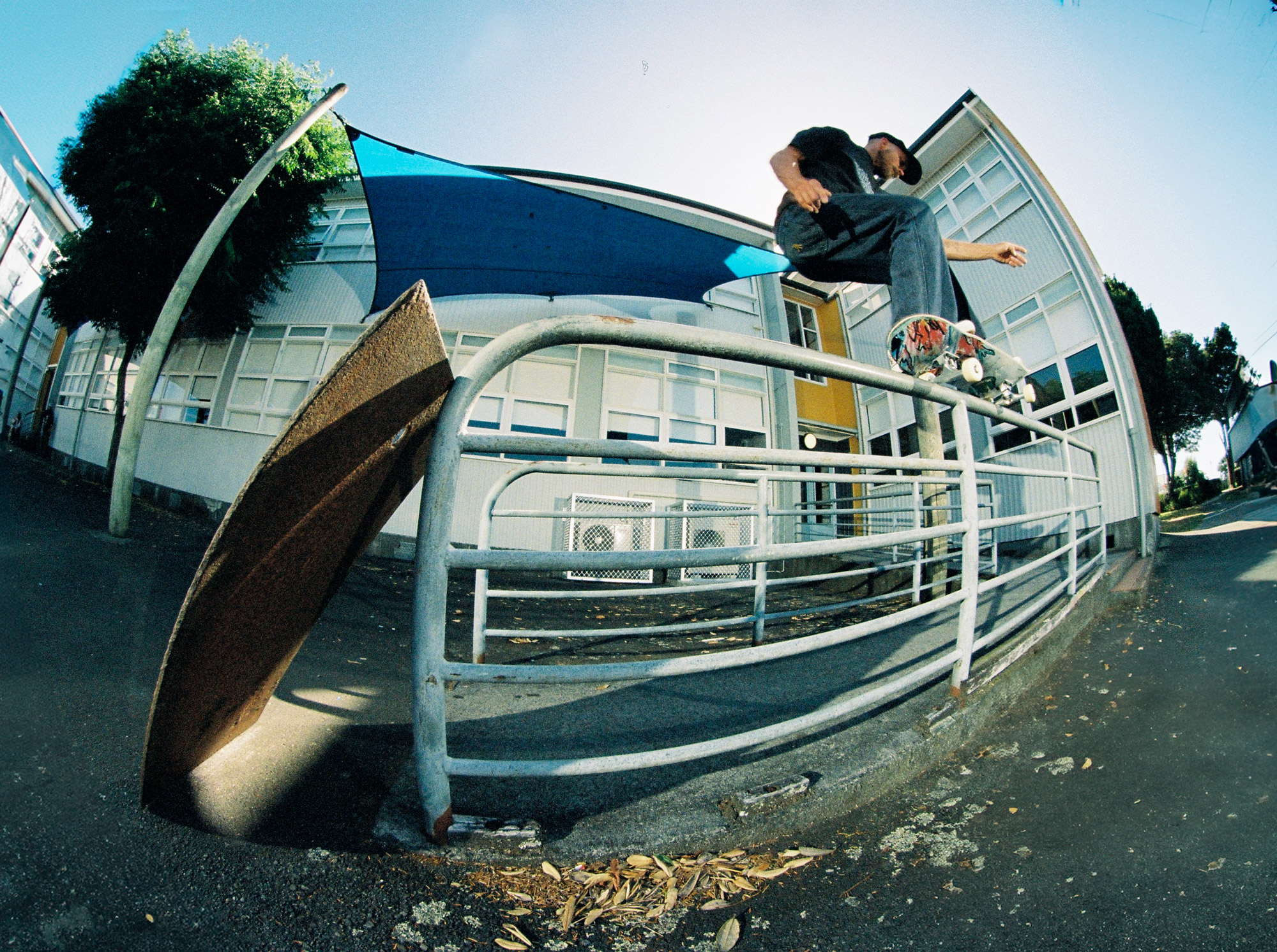 Andrew “Beacho” Beauchamp, wallie frontside 50-50, New Plymouth. Photo by Ben D‘Ath.