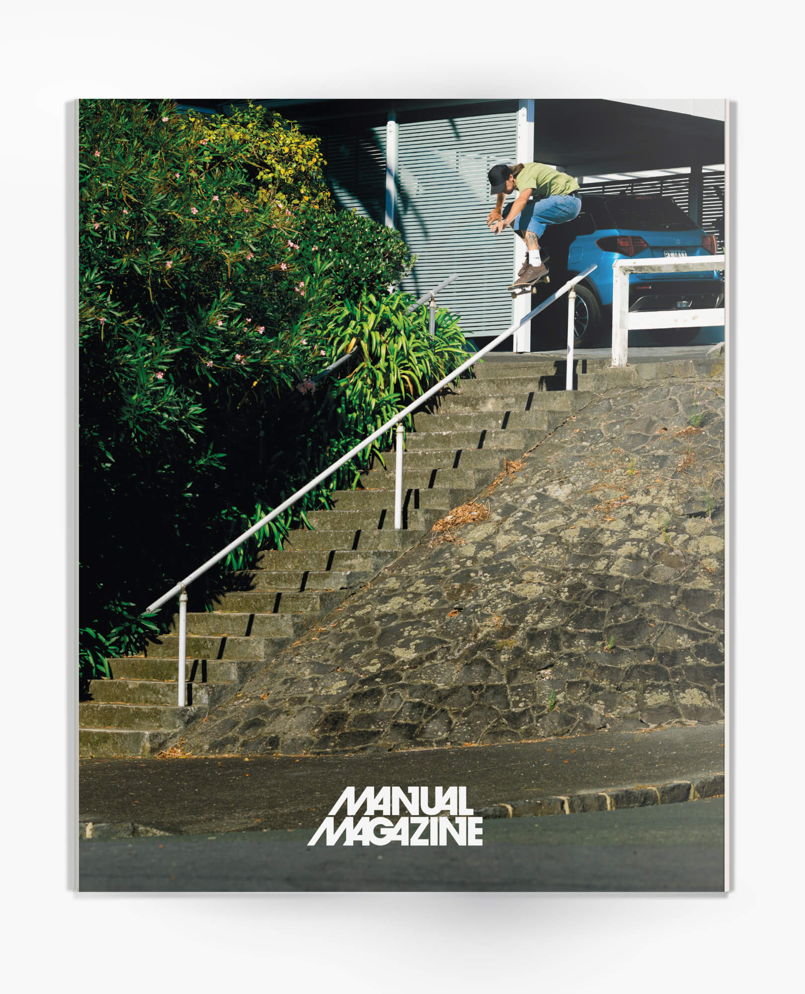 Manual Magazine, Issue 75 Cover featuring Theo Clark ollieing into a rocky bank. Photo by Kingsley Attwood.