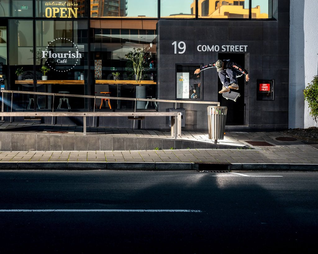 Backside flip, Takapuna. Photo by Kingsley Attwood.